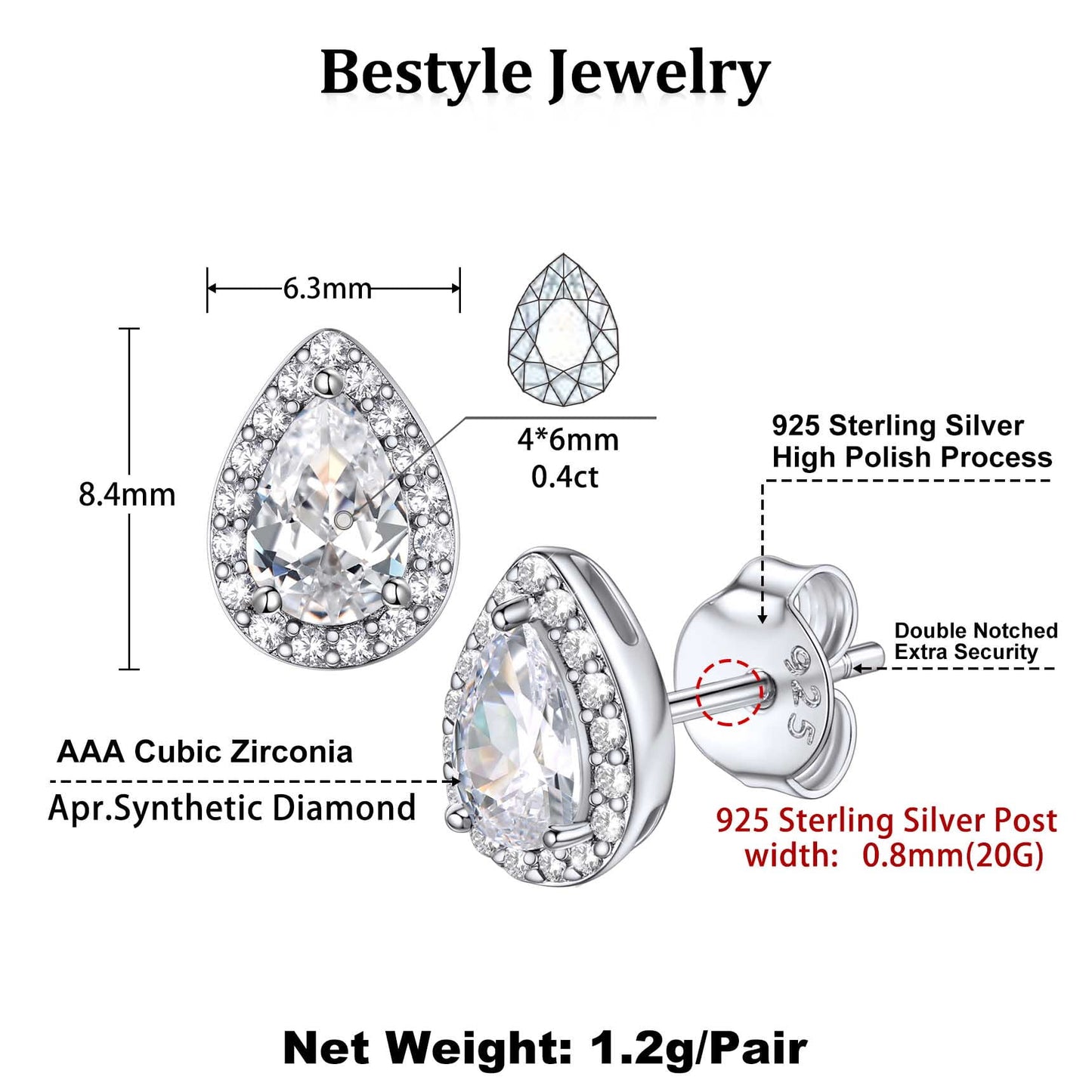 925 Sterling Silver Birthstone Stud Earrings for Women, Sparking April Teardrop Cut Diamond Earrings for Sensitive Ears
