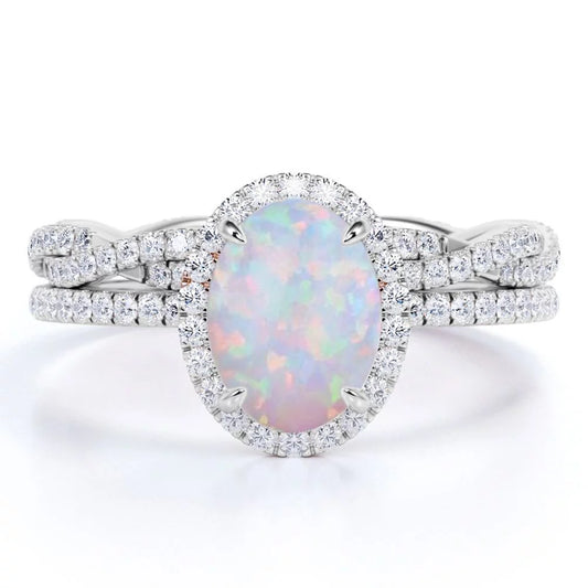 1.75 Ct Antique Oval Cut Opal and Moissanite Wedding Ring Set in 18K White Gold over Silver