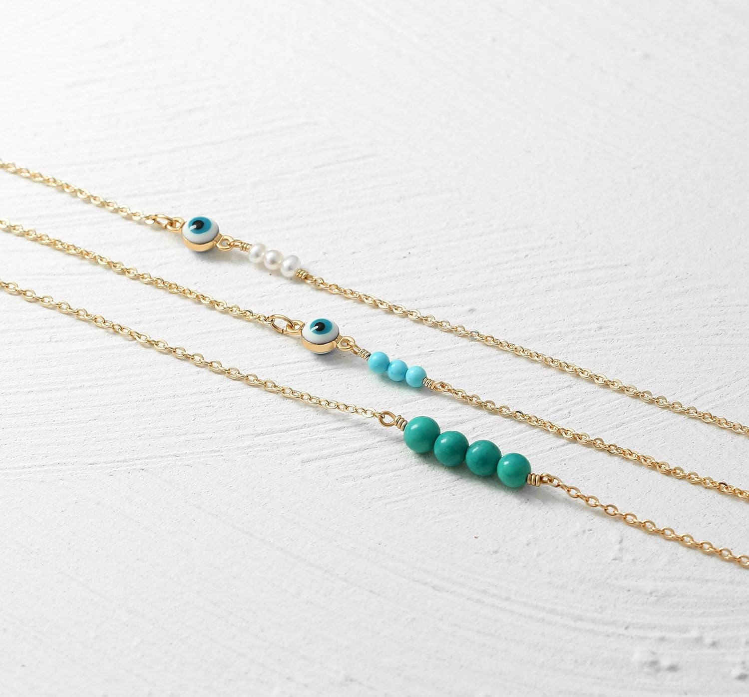 Dainty Evil Eye Protection Necklace,14K Gold Plated Cute Delicate Handmade Tiny Bead Necklace for Women
