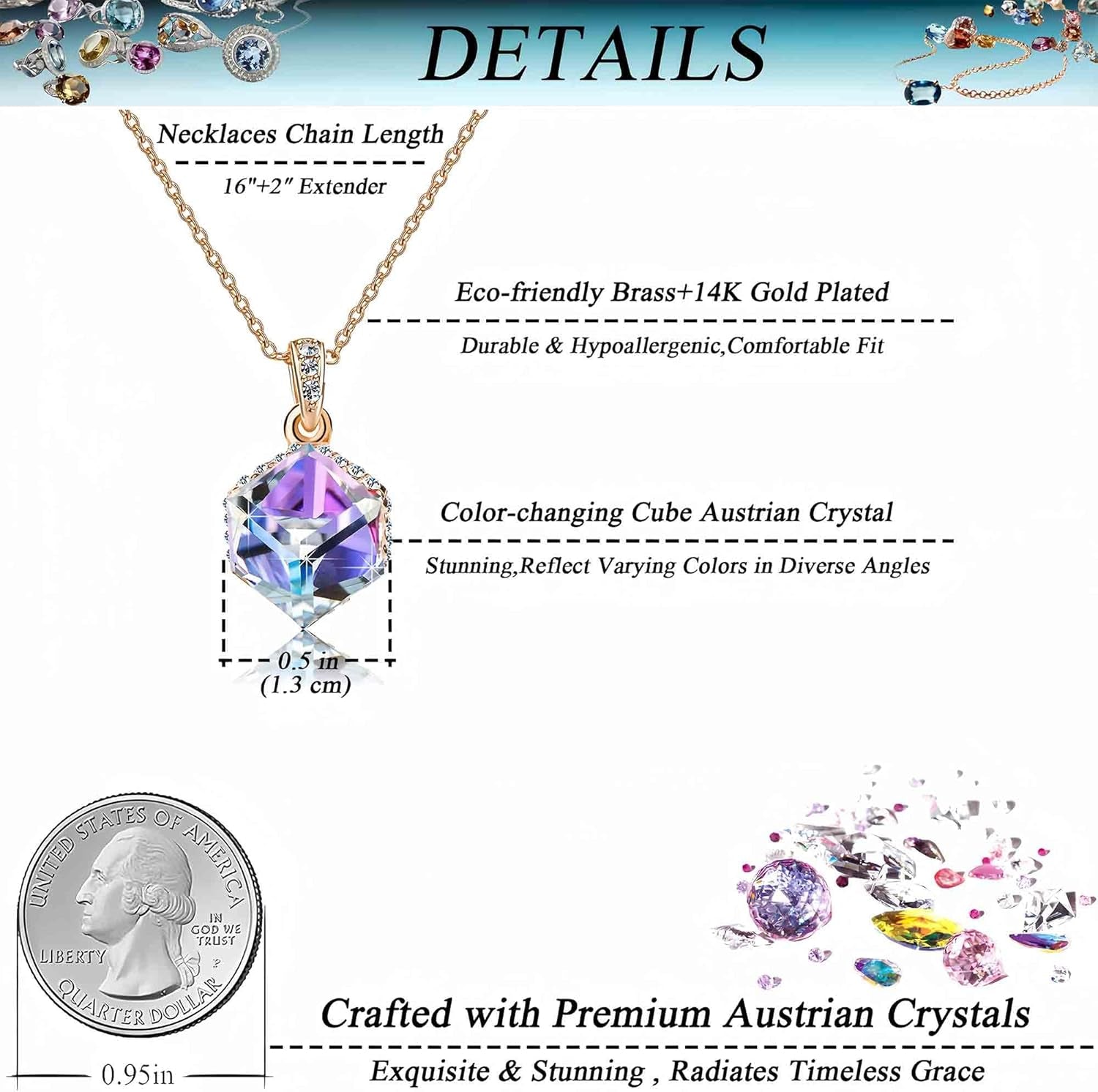 Color Changing Cubic Austrian Crystal Pendant Necklaces for Women 14K Gold Plated Hypoallergenic Jewelry