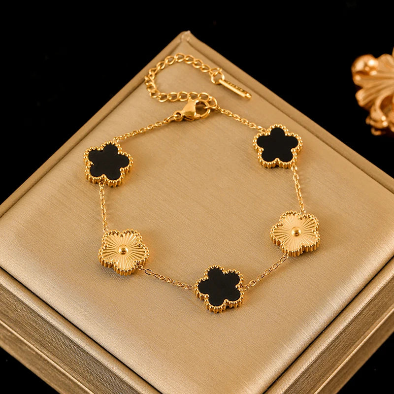 316L Stainless Steel Black Reversible Leaf Clover Necklace Bracelets Earrings Set for Women Fashion Waterproof Jewelry
