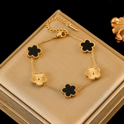 316L Stainless Steel Black Reversible Leaf Clover Necklace Bracelets Earrings Set for Women Fashion Waterproof Jewelry