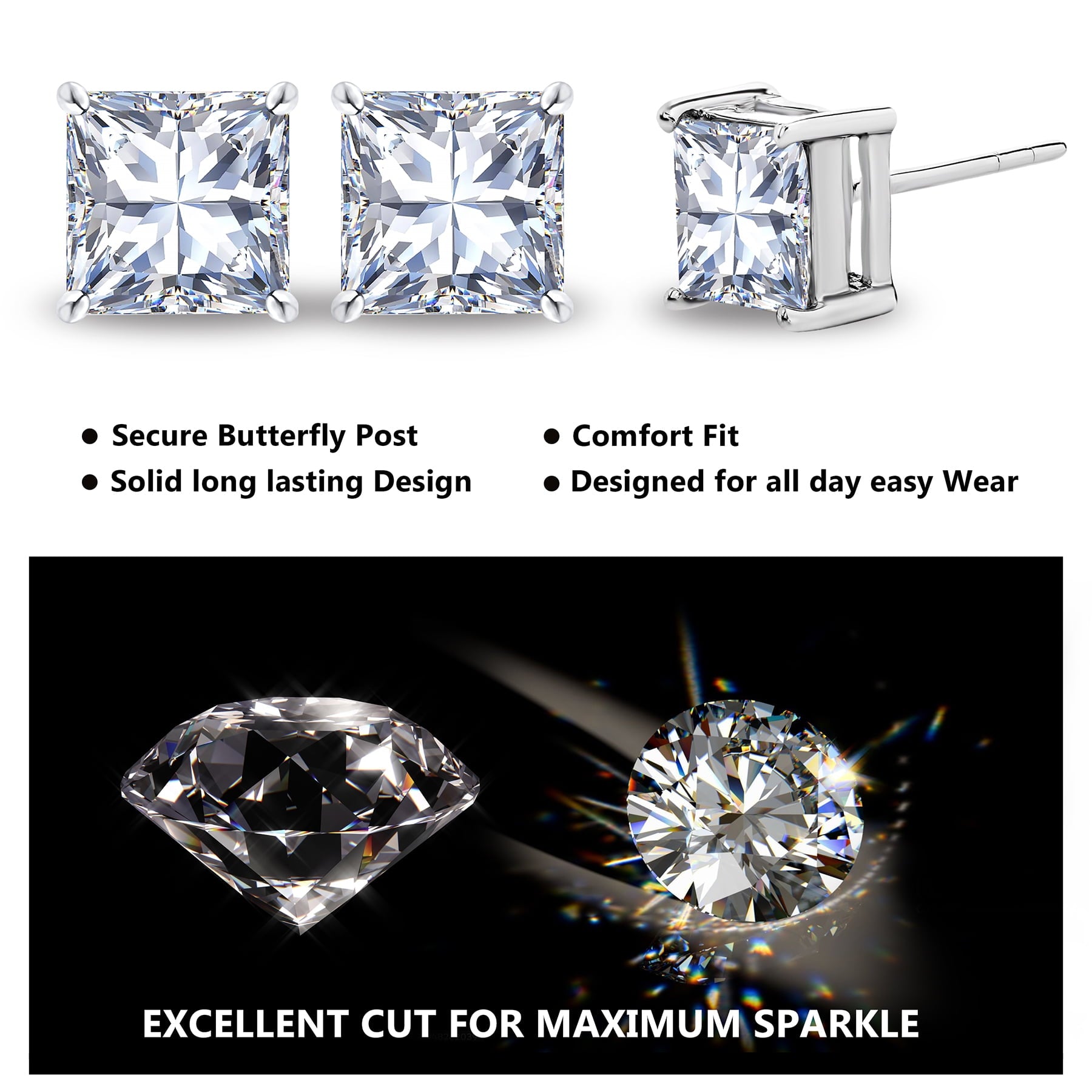 2 Carat Princess Cut Moissanite 4 Prong Solitaire Stud Earrings in 18K White Gold Plating for Women