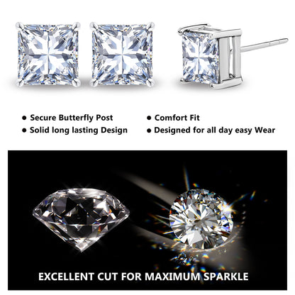 2 Carat Princess Cut Moissanite 4 Prong Solitaire Stud Earrings in 18K White Gold Plating for Women