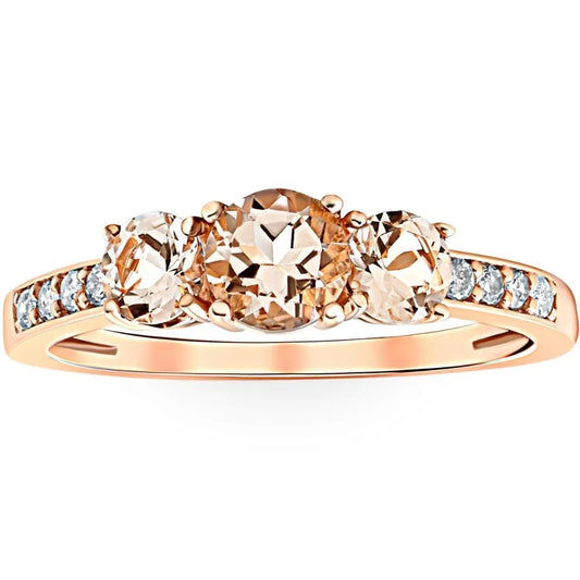 Pompeii 1Ct Morganite & Diamond 3-Stone Ring 10K Rose Gold (Peach,I1)
