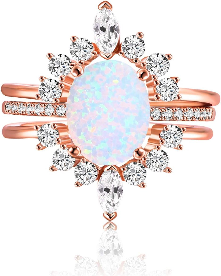 Oval White Opal Stackable Rings 3A Cubic Zirconia Pink Engagement Rings for Women Rose Gold Wedding Rings Set Womens Jewelry