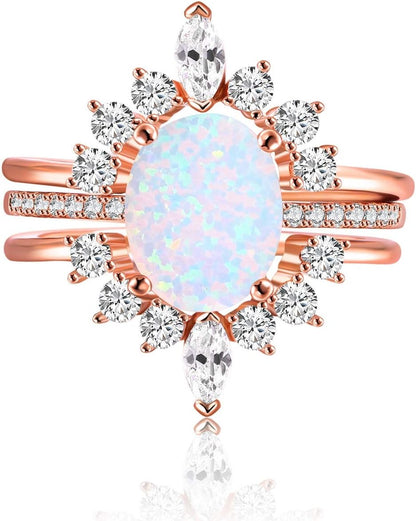 Oval White Opal Stackable Rings 3A Cubic Zirconia Pink Engagement Rings for Women Rose Gold Wedding Rings Set Womens Jewelry