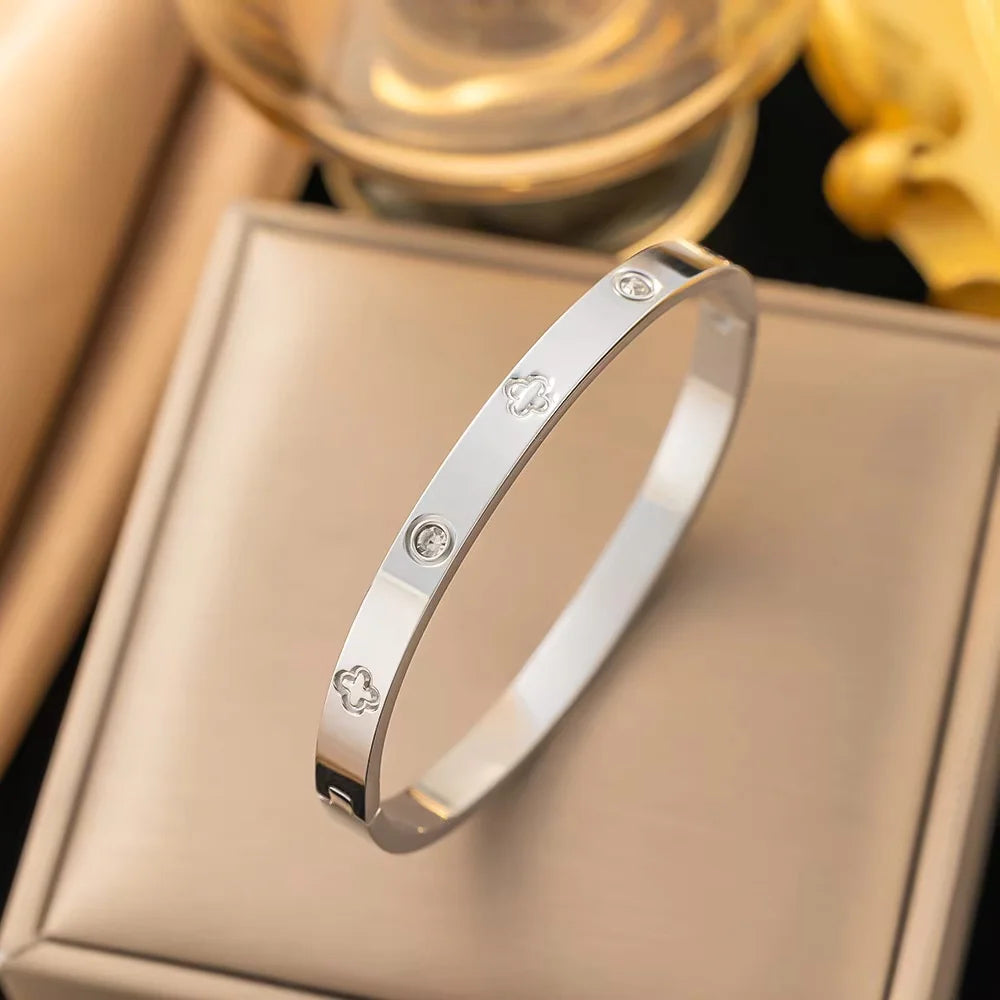 Trendy Shining Zircon Bracelets for Women Clover Print Love Pulseiras Stainless Steel Bangles Feminina Jewelry Gift