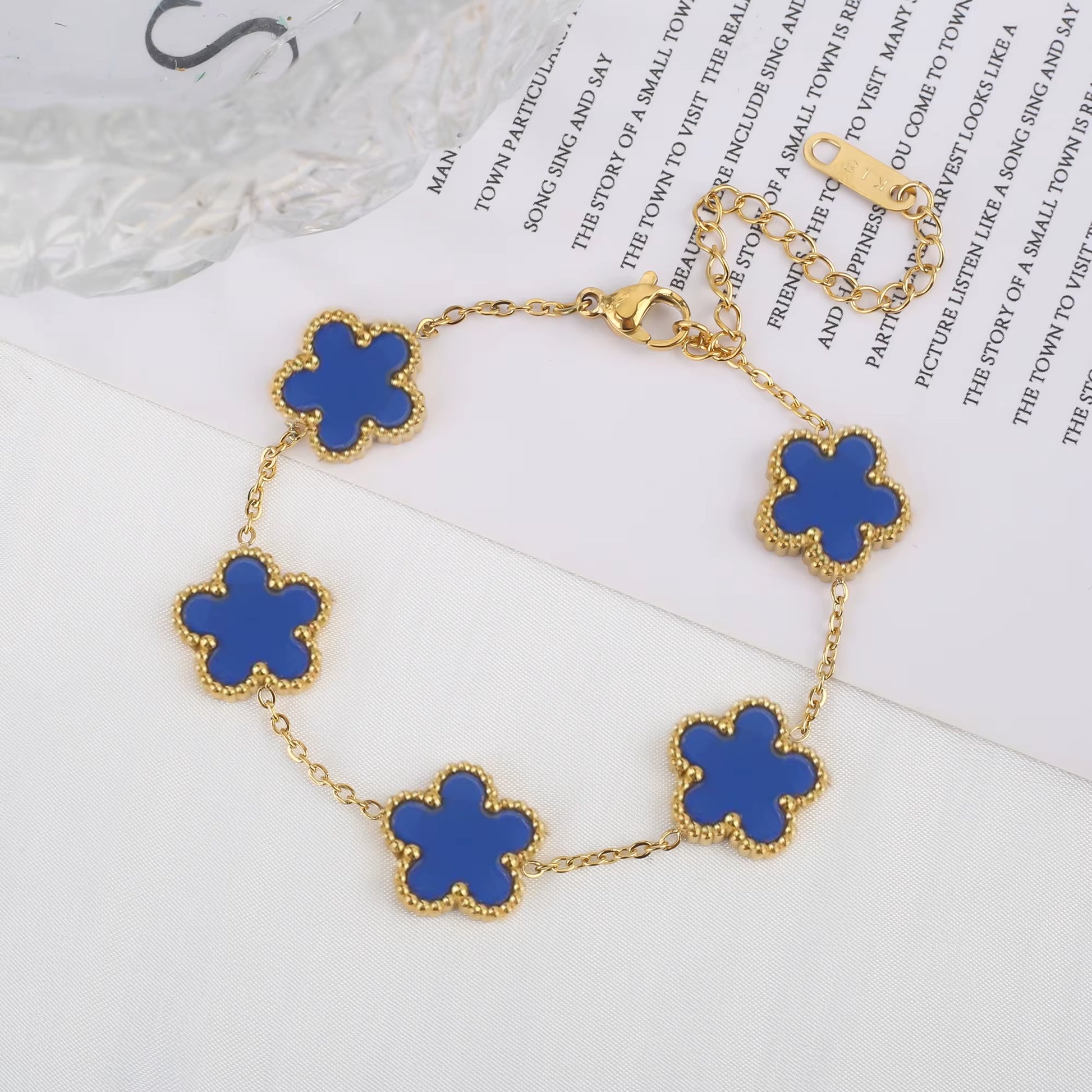 Trend Clover Bracelet for Women Girls 14K Gold Plated Stainless Steel Five Leaf Flower Dainty Lucky Link Bracelets Party Jewelry