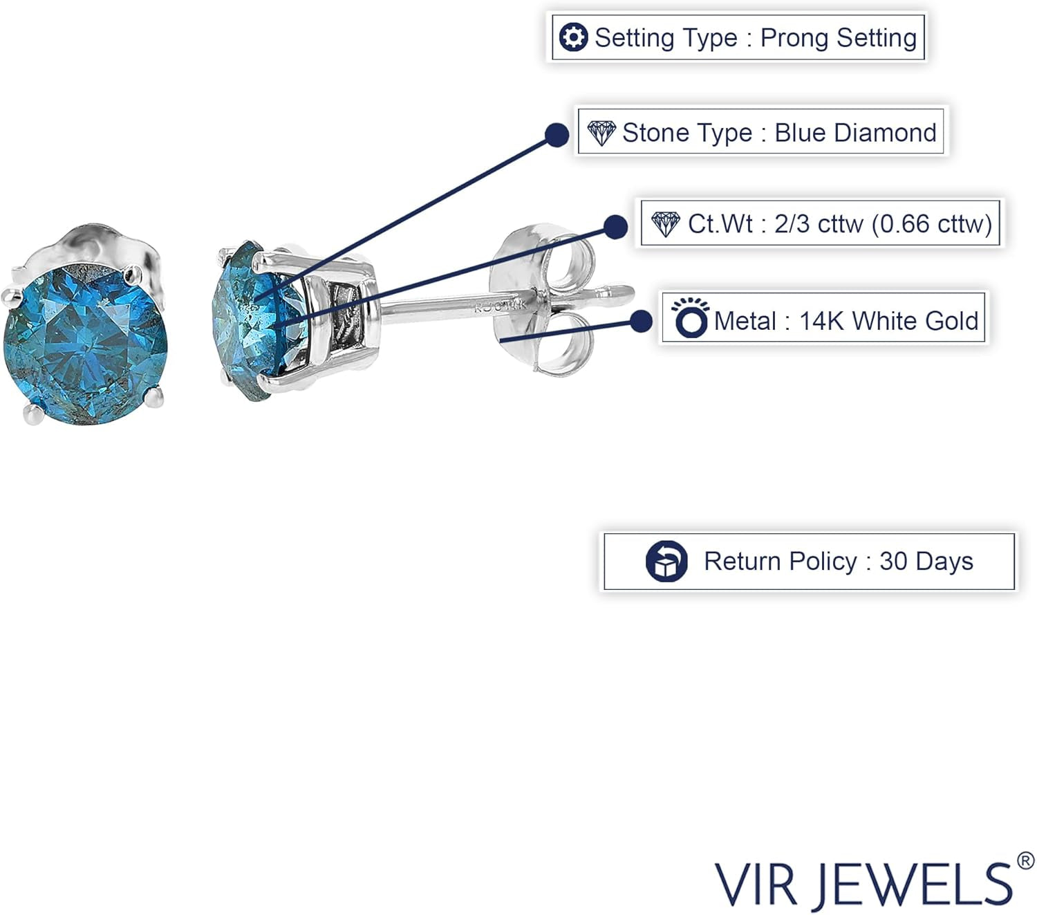 1/4 to 2 Cttw Blue Diamond Stud Earrings 14K White or Yellow Gold round with Push Backs