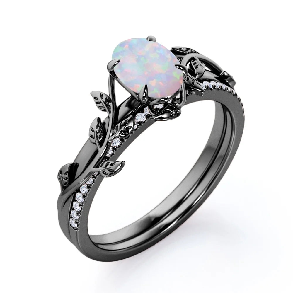Prong Setting 1.5 Carat Ovate Rainbow Opal and Moissanite Leaf Design Wedding Ring Set in 18K Black Gold Plating over Silver