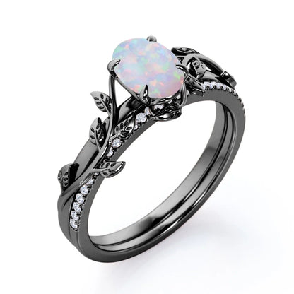 Prong Setting 1.5 Carat Ovate Rainbow Opal and Moissanite Leaf Design Wedding Ring Set in 18K Black Gold Plating over Silver
