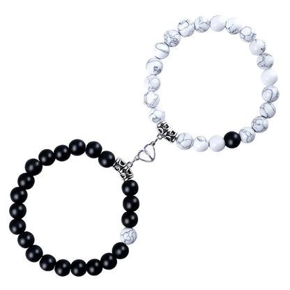 2Pcs/Set Natural Stone Beaded Heart Magnet Attraction Couple Bracelets for Women Men Simple Love Relationship Bracelet Jewelry