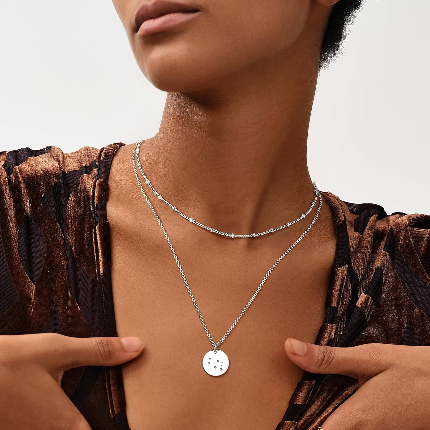 Gold Necklace Coin Disc Zodiac 12 Constellation Star Connected Engraved Horoscope Sign Astrology Pendant 18K Gold Plated Chain Dainty Personalized Simple Jewelry