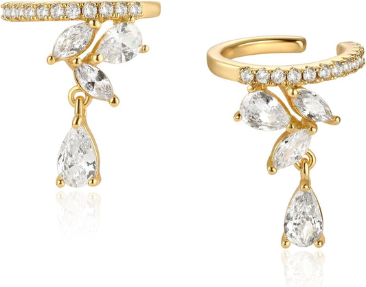 Ear Cuff Earrings for Women 14K Gold Plated Cubic Zirconia Dangle Huggie Ear Cuffs Non Piercing | Clip on Cartilage