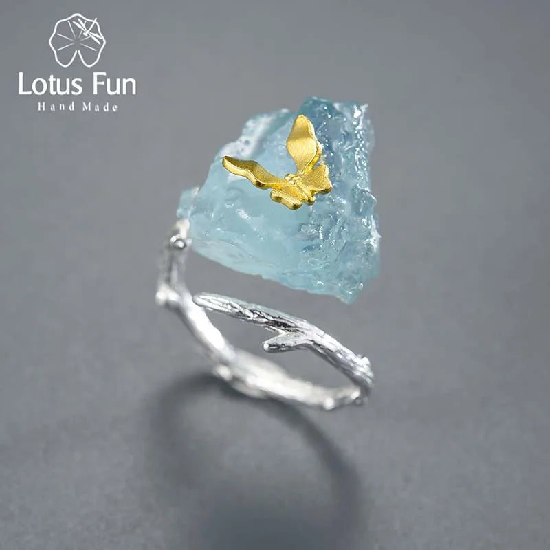 Adjustable Aquamarine Big Gemstones Butterfly Rings for Women Original 925 Sterling Silver Dating Luxury Fine Jewelry