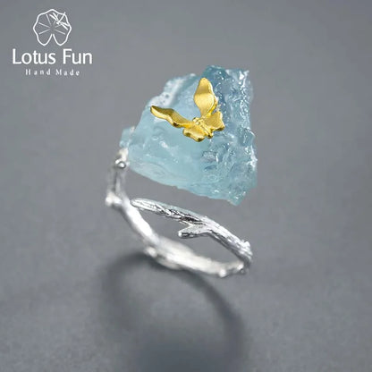 Adjustable Aquamarine Big Gemstones Butterfly Rings for Women Original 925 Sterling Silver Dating Luxury Fine Jewelry