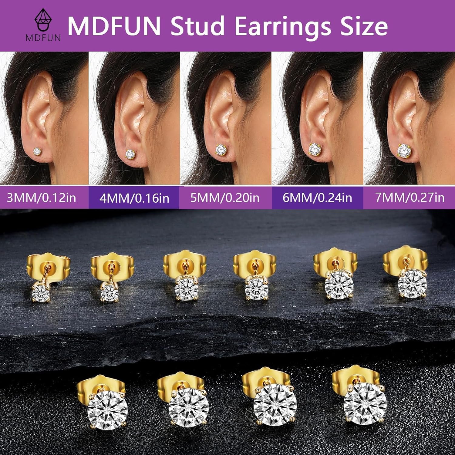5 Pairs Stud Earrings Sets 3-7MM 18K Gold Plated Round/Cushion/Asscher/Emerald Cut Cubic Zirconia Earring Hypoallergenic Stud Earrings for Women Men