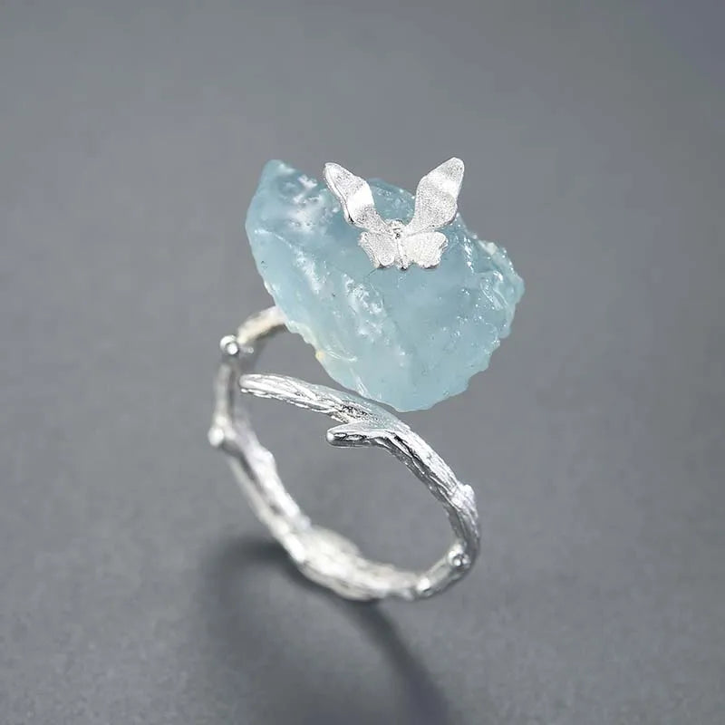 Adjustable Aquamarine Big Gemstones Butterfly Rings for Women Original 925 Sterling Silver Dating Luxury Fine Jewelry