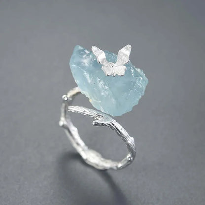Adjustable Aquamarine Big Gemstones Butterfly Rings for Women Original 925 Sterling Silver Dating Luxury Fine Jewelry