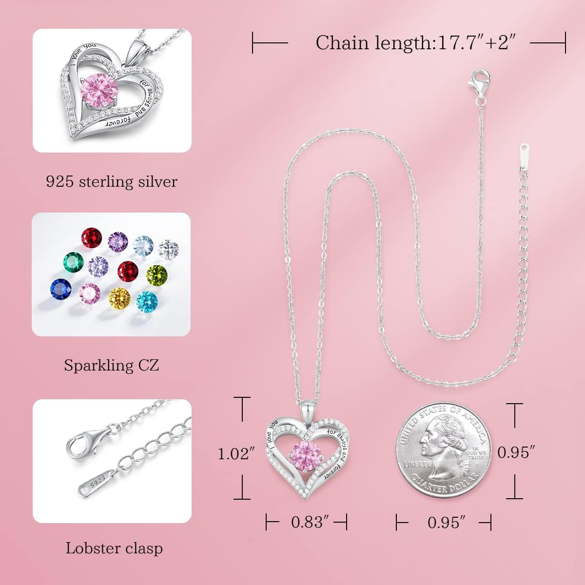 Forever Love Heart Necklaces for Women, Wedding Anniversary, Birthday Mothers Day Gifts for Mom, Mother, Wife, Girlfriend, S925 Silver Jewelry with Birthstone Pendant