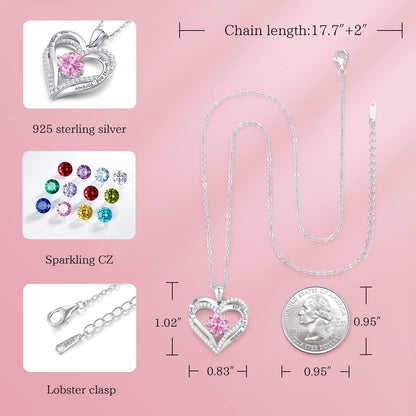 Forever Love Heart Necklaces for Women, Wedding Anniversary, Birthday Mothers Day Gifts for Mom, Mother, Wife, Girlfriend, S925 Silver Jewelry with Birthstone Pendant