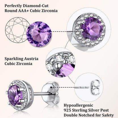 925 Sterling Silver Birthstone Stud Earrings round Synthetic Amethyst Diamond Studs Earrings Women Gift February