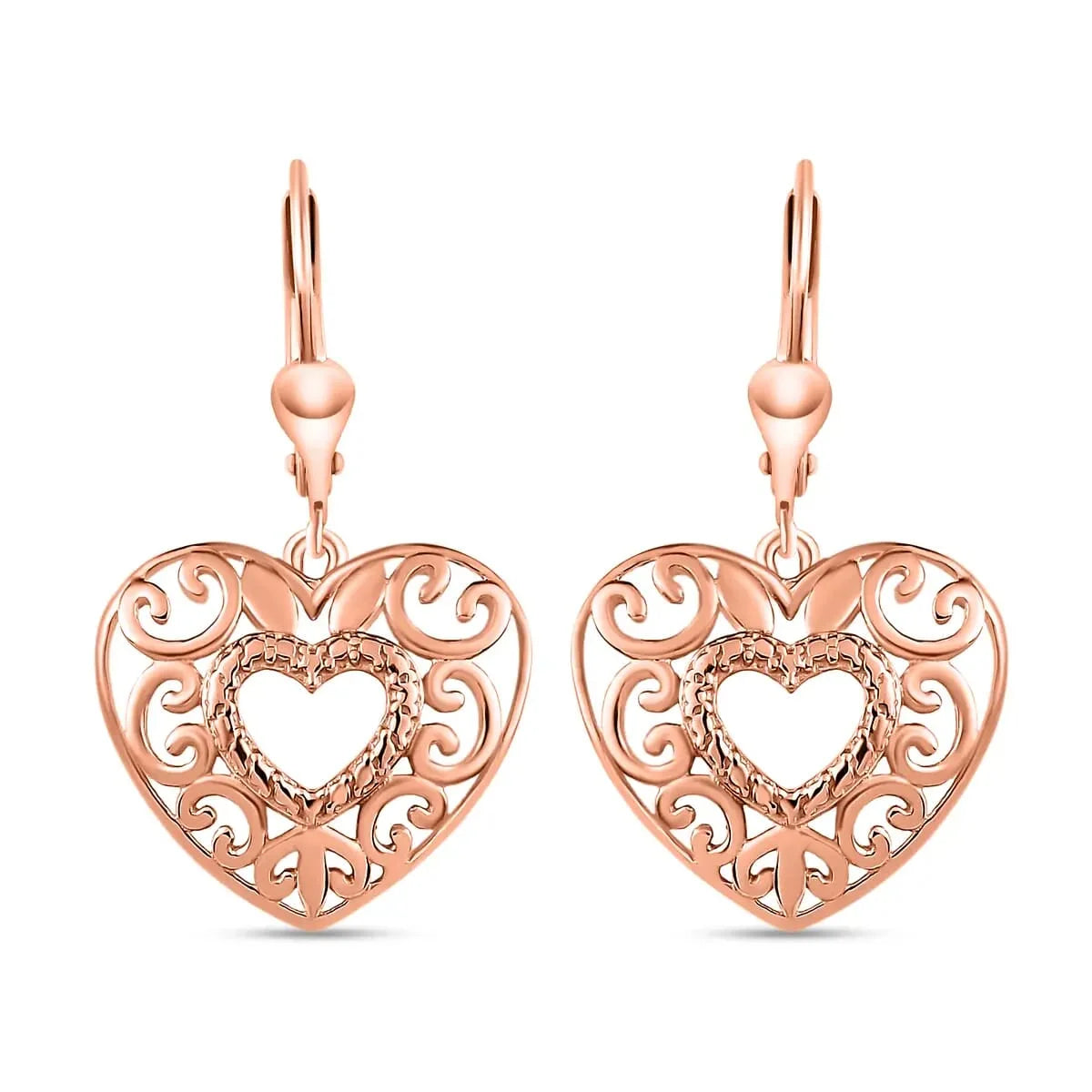 14K Rose Gold Plated Heart Drop Earrings for Women 925 Sterling Silver Lever Back Filigree Jewelry Birthday Gifts for Women