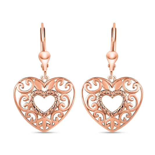 14K Rose Gold Plated Heart Drop Earrings for Women 925 Sterling Silver Lever Back Filigree Jewelry Birthday Gifts for Women