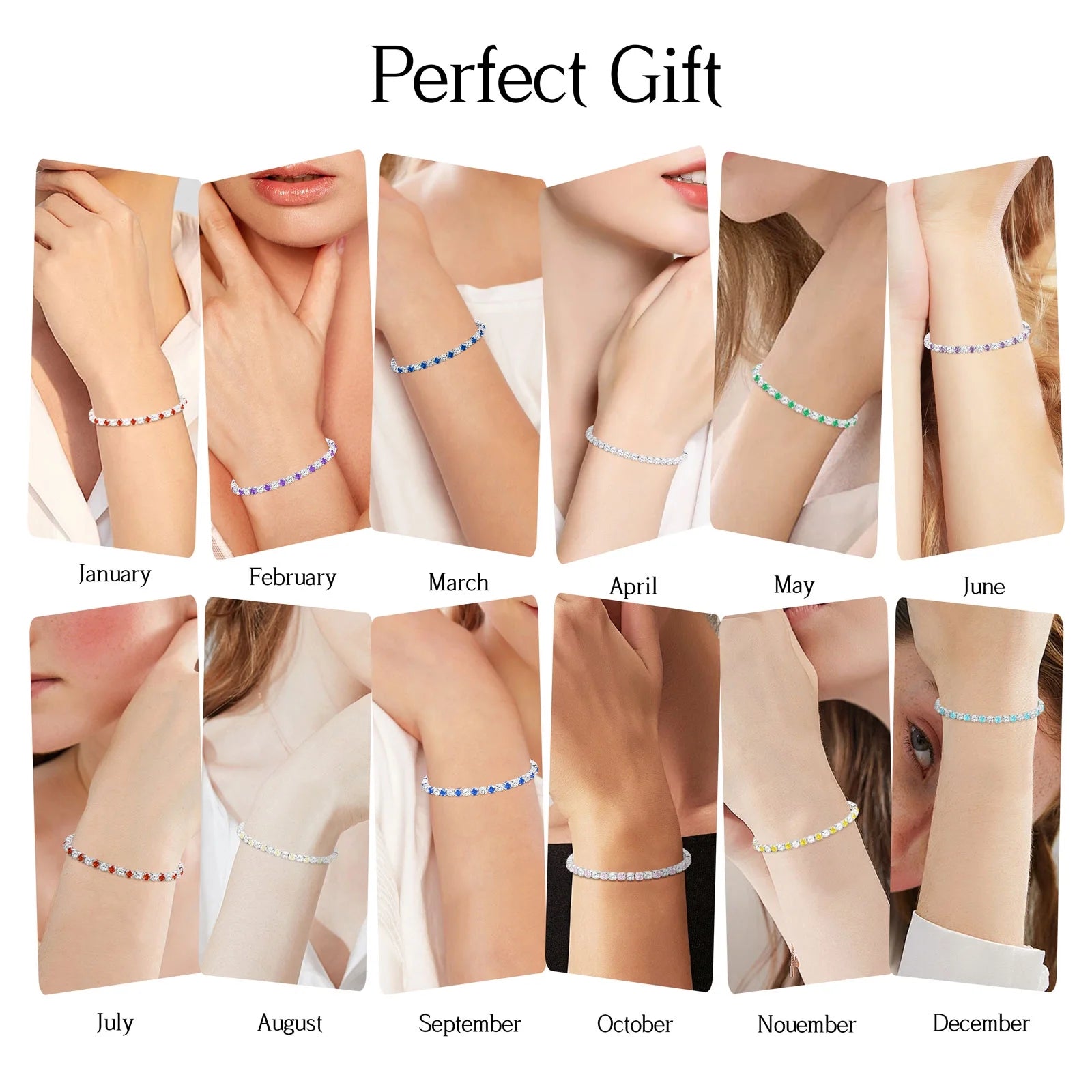 18K White Gold Plated Tennis Bracelets for Women Girls CZ S925 Sterling Silver Colorful Birthstone Bracelets Wedding Birthday Jewelry Gifts Ideas Teen Tween Girlfriend Daughter Mom Kids Age