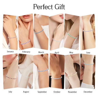 18K White Gold Plated Tennis Bracelets for Women Girls CZ S925 Sterling Silver Colorful Birthstone Bracelets Wedding Birthday Jewelry Gifts Ideas Teen Tween Girlfriend Daughter Mom Kids Age