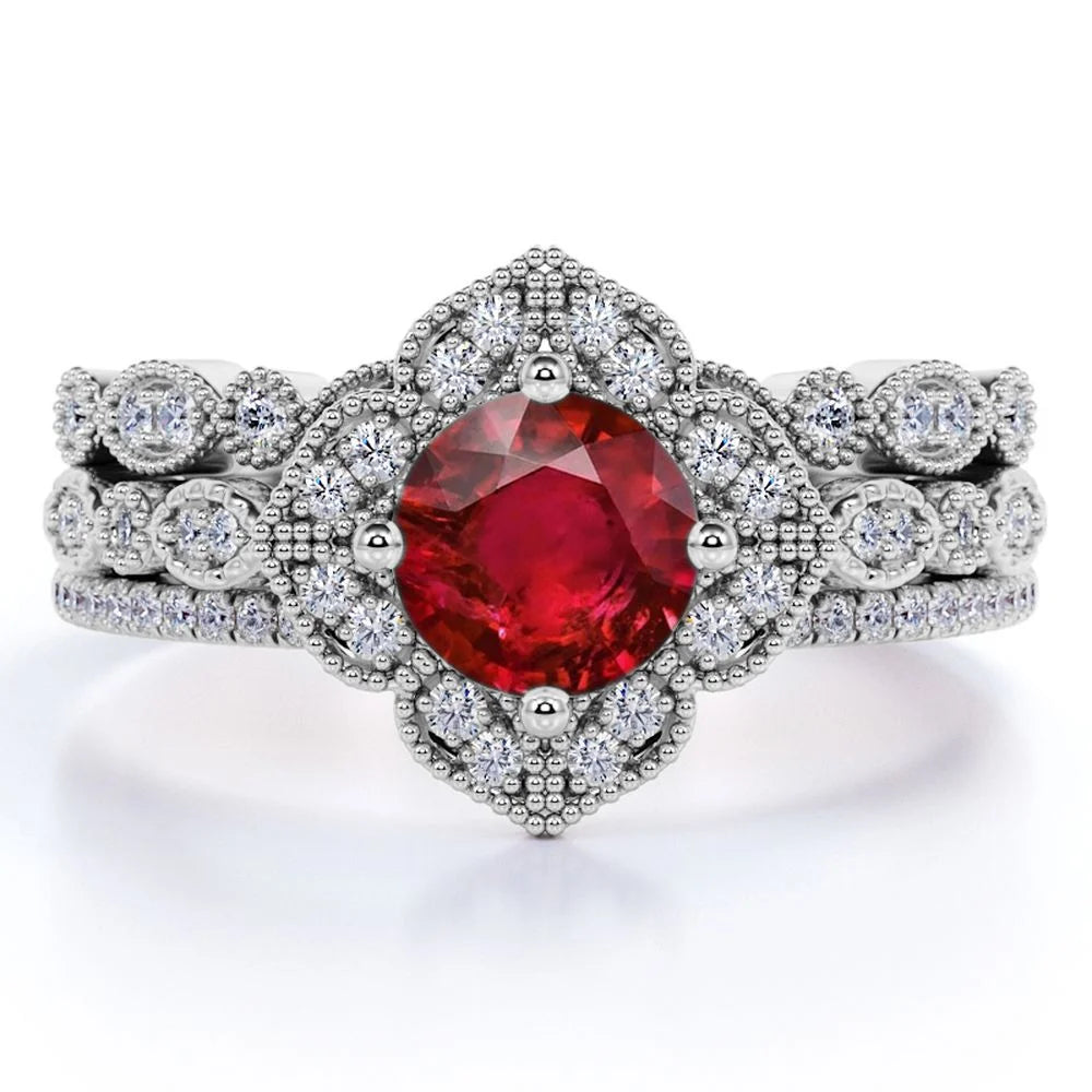 2.25 Carat round Cut Sunset Pigeon Blood Lab Created Ruby Trio Set in 18K White Gold over Silver