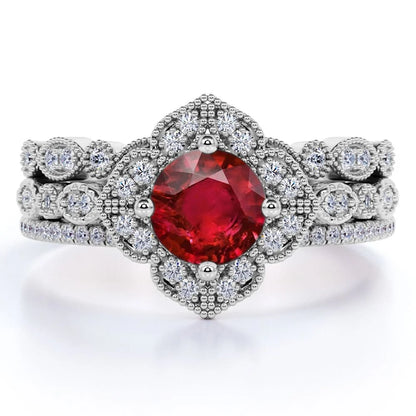 2.25 Carat round Cut Sunset Pigeon Blood Lab Created Ruby Trio Set in 18K White Gold over Silver