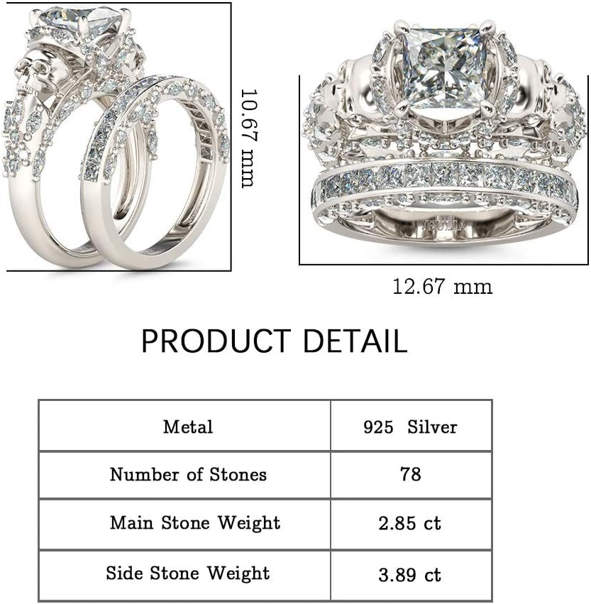 Skull Engagement Ring Sets Sterling Silver Promise Eternity Band Rings Diamond Princess Cut with Cubic Zirconia Wedding Engagement Anniversary Promise Rings Bridal Sets