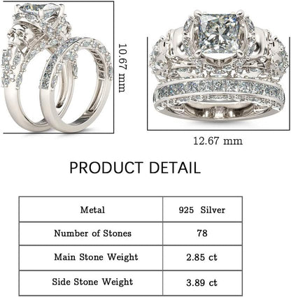 Skull Engagement Ring Sets Sterling Silver Promise Eternity Band Rings Diamond Princess Cut with Cubic Zirconia Wedding Engagement Anniversary Promise Rings Bridal Sets