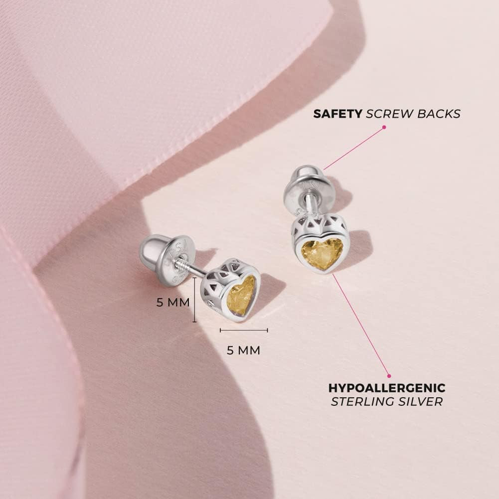 925 Sterling Silver 5Mm Girls CZ Heart Earrings Simulated Birthstone Bezel with Screw Back Stud Baby Earrings - Safety Screw Back for Toddlers - Quality Heart Cubic Zirconia Earrings for Kids