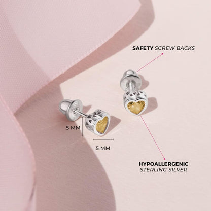 925 Sterling Silver 5Mm Girls CZ Heart Earrings Simulated Birthstone Bezel with Screw Back Stud Baby Earrings - Safety Screw Back for Toddlers - Quality Heart Cubic Zirconia Earrings for Kids