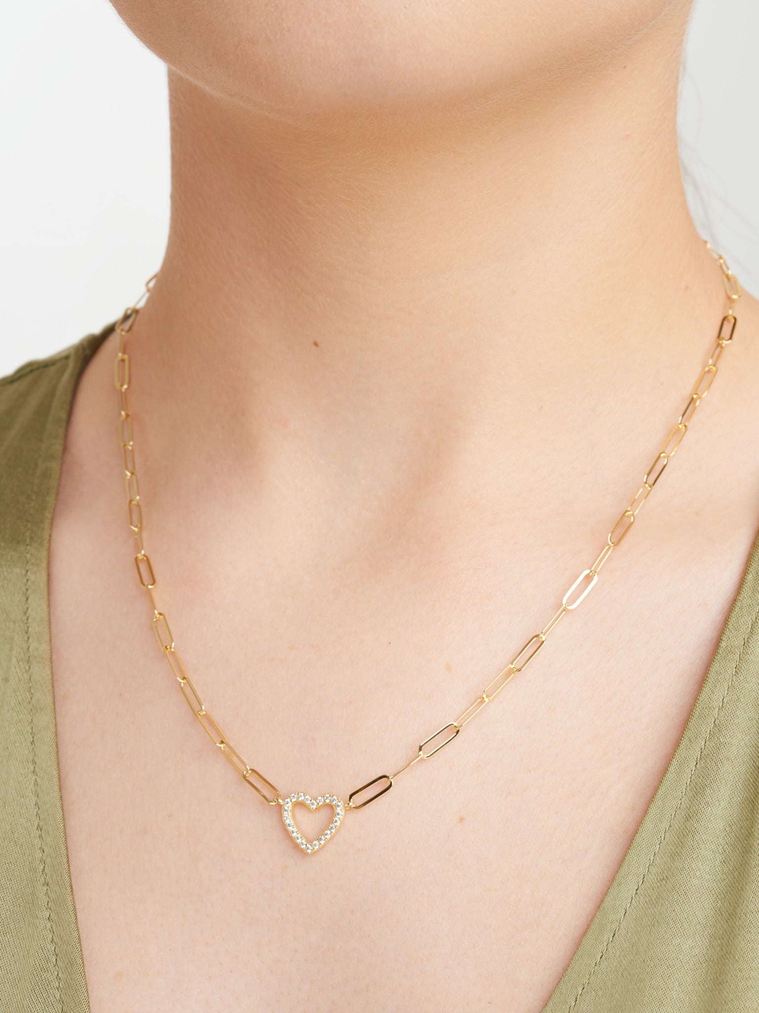 Heart Cubic Zirconia Paperclip 18” Necklace in 18K over Sterling Silver, Adult Female