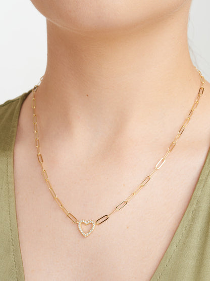 Heart Cubic Zirconia Paperclip 18” Necklace in 18K over Sterling Silver, Adult Female