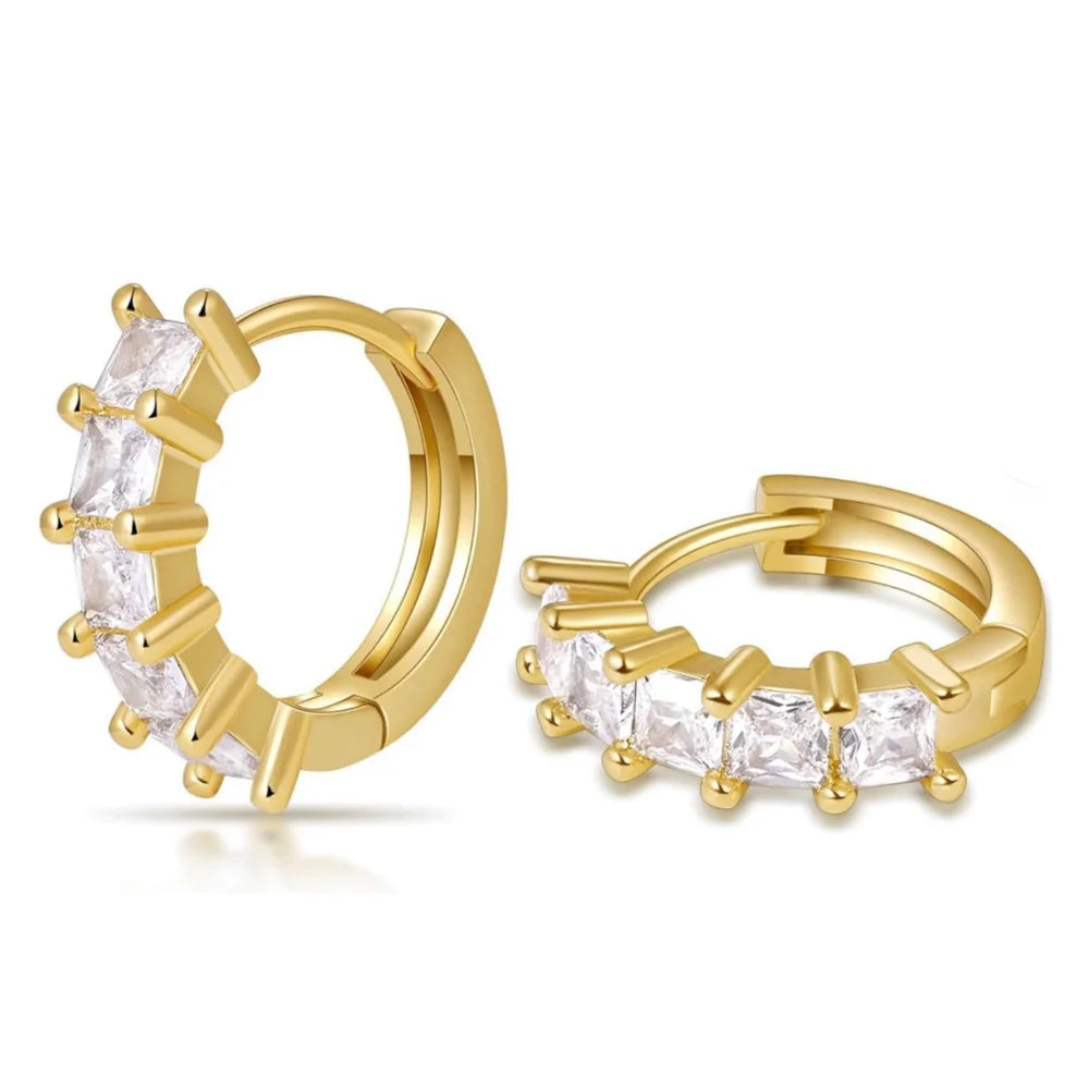 Iced CZ Men Women Huggie Yellow Gold Plated 925 Sterling Silver Cubic Zirconia Princess Cut Hoop