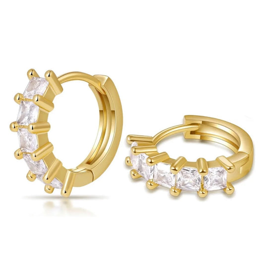 Iced CZ Men Women Huggie Yellow Gold Plated 925 Sterling Silver Cubic Zirconia Princess Cut Hoop