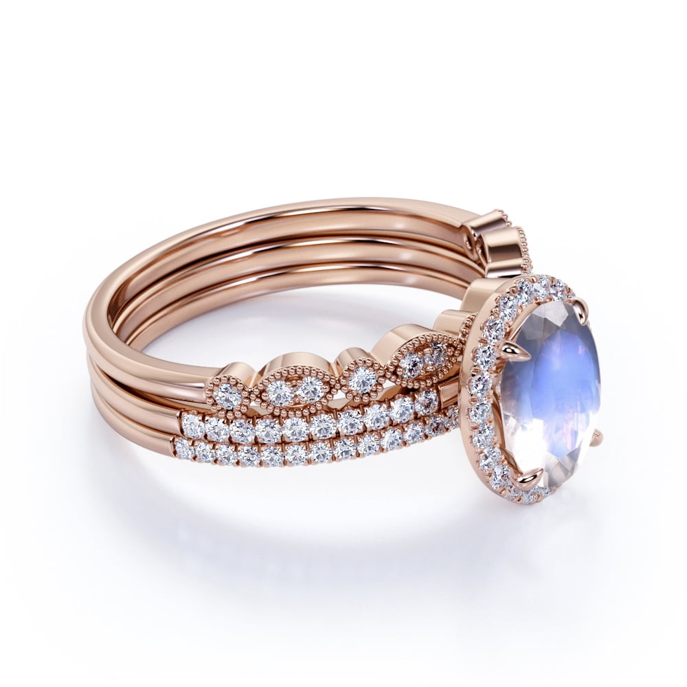 2 Carat Oval Rainbow Moonstone and Moissanite Split Shank Trio Wedding Ring Set in 18K Rose Gold over Silver