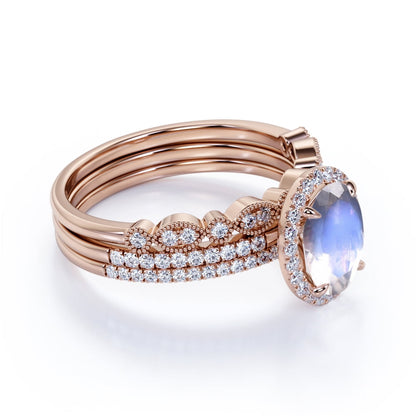 2 Carat Oval Rainbow Moonstone and Moissanite Split Shank Trio Wedding Ring Set in 18K Rose Gold over Silver