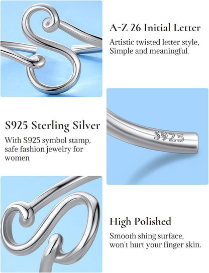 S925 Initial Rings, Adjustable Size 6-12 Statement Alphabet Letter A-Z Jewelry Personalized Twisted Initials Rings Sterling Silver Stacking Ring for Women
