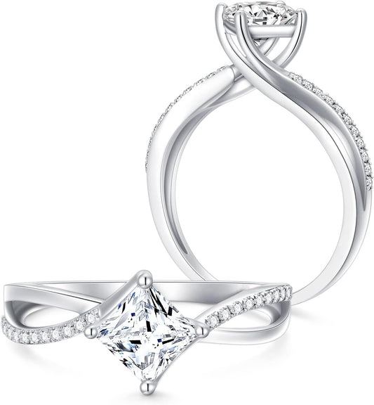 1.15 Carat (Ctw) Princess Moissanite Engagement Rings for Women Platinum Plated Silver Ring Moissanite Rings