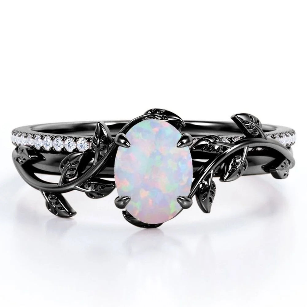 Prong Setting 1.5 Carat Ovate Rainbow Opal and Moissanite Leaf Design Wedding Ring Set in 18K Black Gold Plating over Silver
