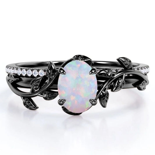 Prong Setting 1.5 Carat Ovate Rainbow Opal and Moissanite Leaf Design Wedding Ring Set in 18K Black Gold Plating over Silver