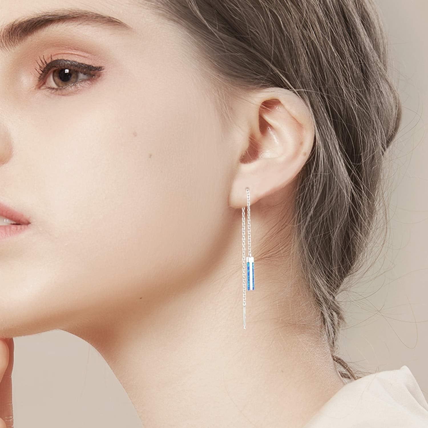 Threader Earrings for Women Sterling Silver Created Opal Bar/Leaves/Sunflower/Rose/Dasiy Earrings Threader Jewelry Gifts for Birthday Christmas