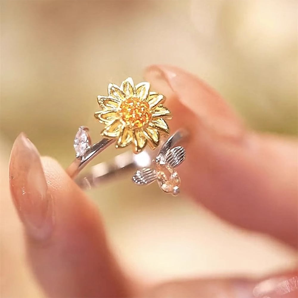 Daisy Flower Fidget Rings for Women Adjustable Open Finger Bands CZ Sunflower You Are My Sunshine Rings Spinner