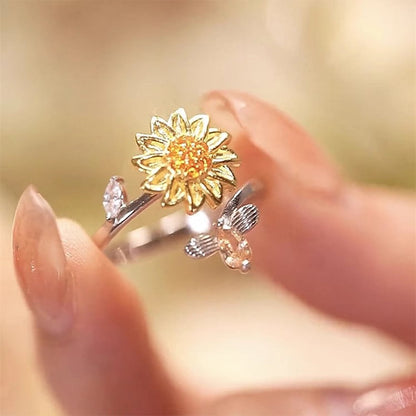 Daisy Flower Fidget Rings for Women Adjustable Open Finger Bands CZ Sunflower You Are My Sunshine Rings Spinner